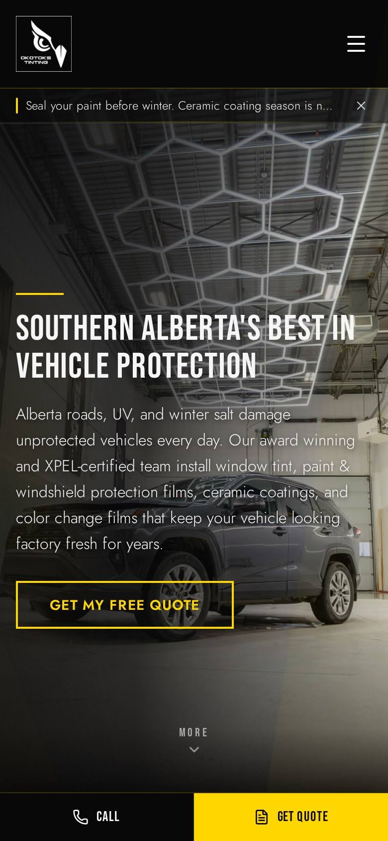 The Okotoks Window Tinting homepage on a phone